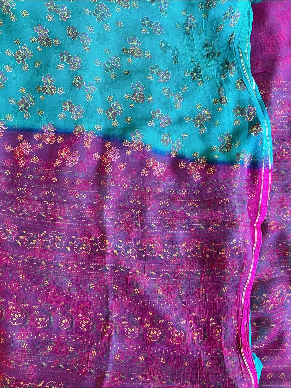 Vintage Green and Dark Fuchsia Floral Chiffon Saree